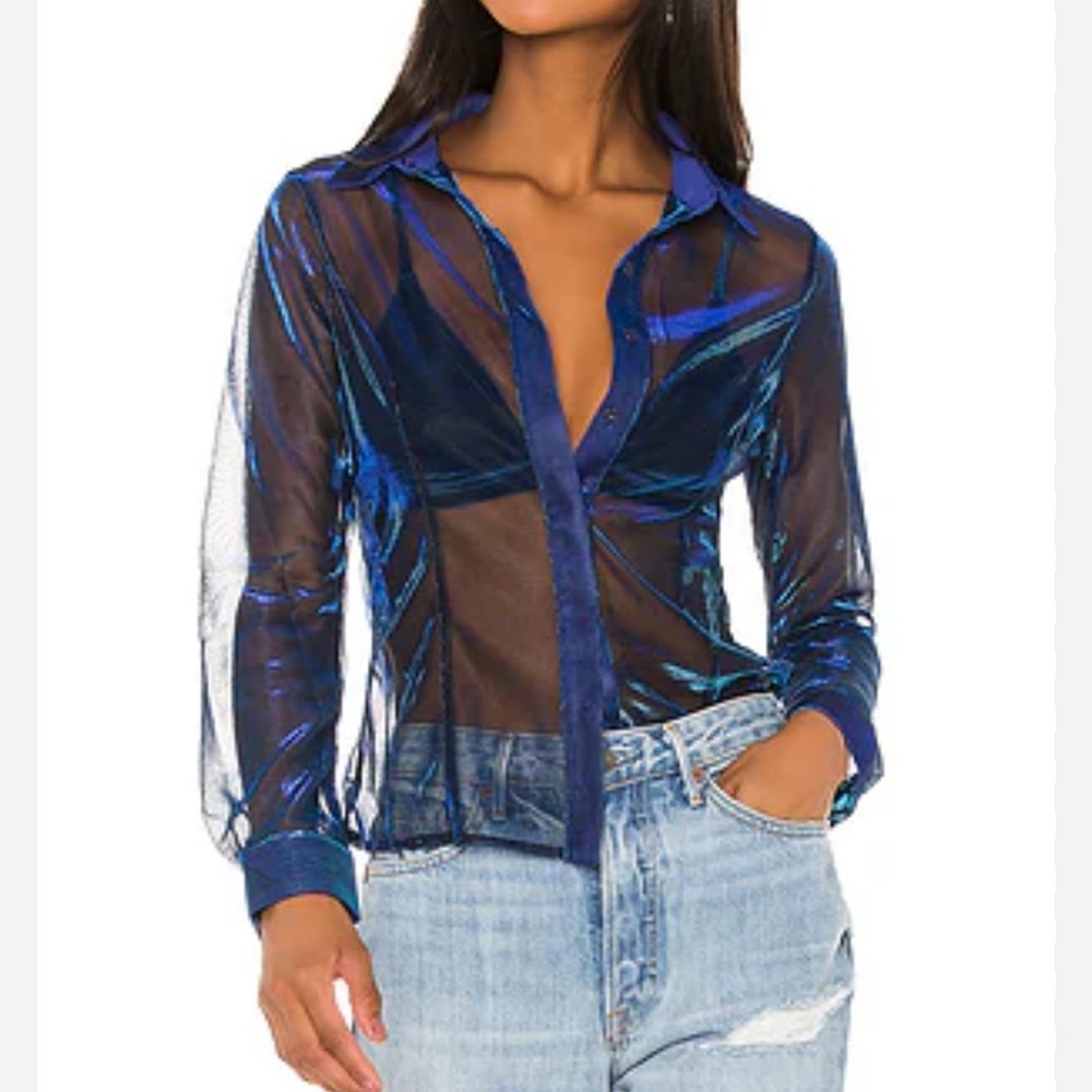 Sheer button up blue iridescent top